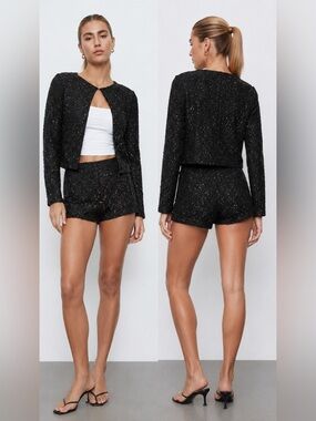 Black Tweed Two-Piece Jacket & Shorts Set WinWin Apparel